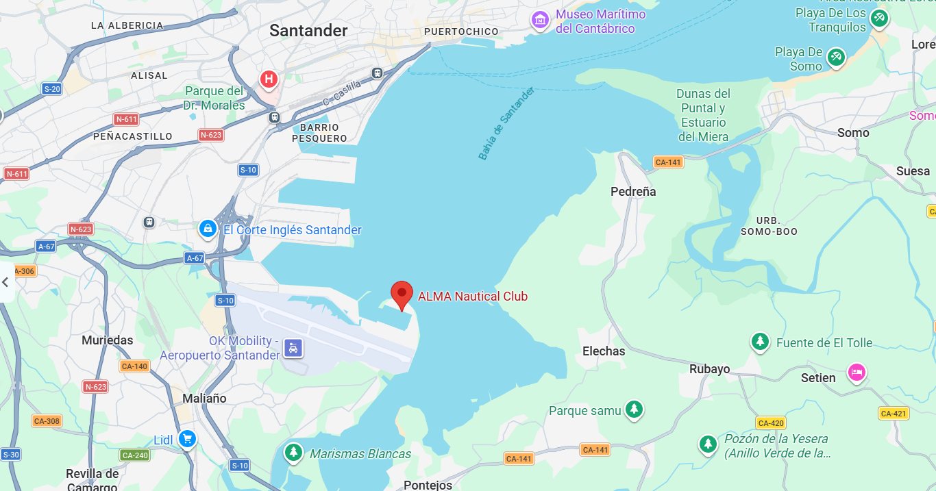 Mapa de la Bahía de Santander con la ubicación de ALMA Nautical Club en Marina del Cantábrico, Maliaño